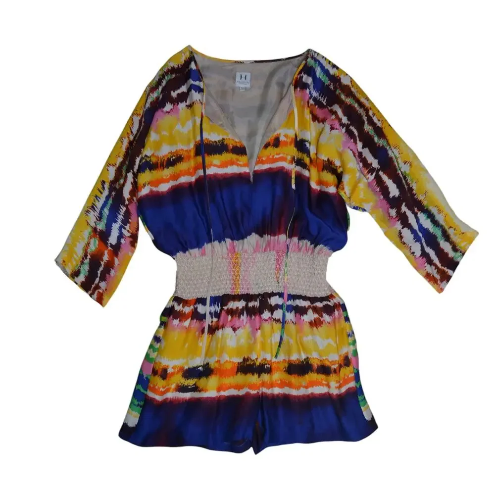 Halston Heritage Resort Vacation Silk Romper 2 Abstract Stripe Smocked Colorful‎